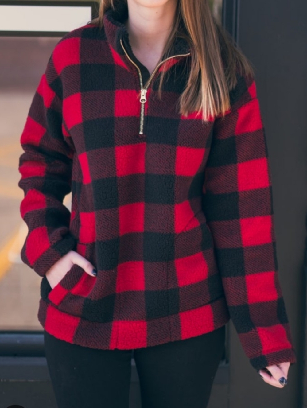 Classic Red & Black Buffalo Plaid Quarter-Zip Fleece Pullover
